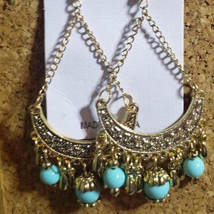 Turquoise Color Bead On Dangle Earrings